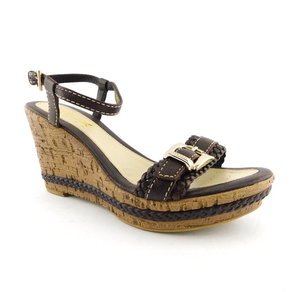GEOX Buckled Brown Braided Leather Ankle Strap Wedge Heel Sandals 36 - Picture 1 of 10